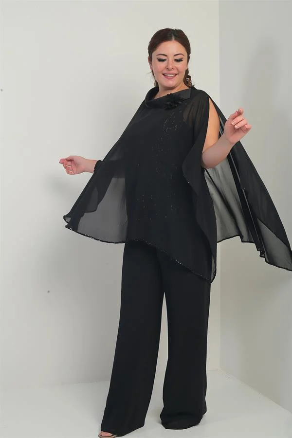 Cape en satin à col et doublure à sequins pour femme, chemisier sans manches, pantalon palazzo, ensemble 3 pièces en mousseline doublée grande taille
