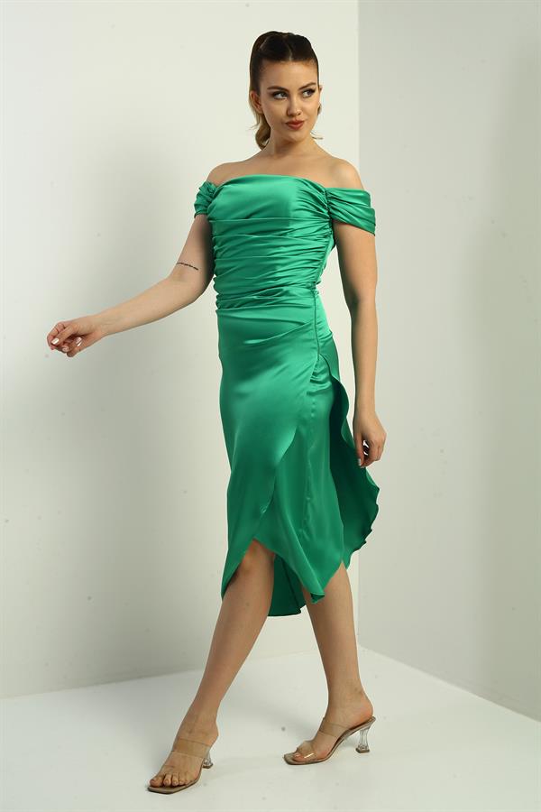 Women's Madonna Neckline Draped Asymmetrical Satin Short Dress