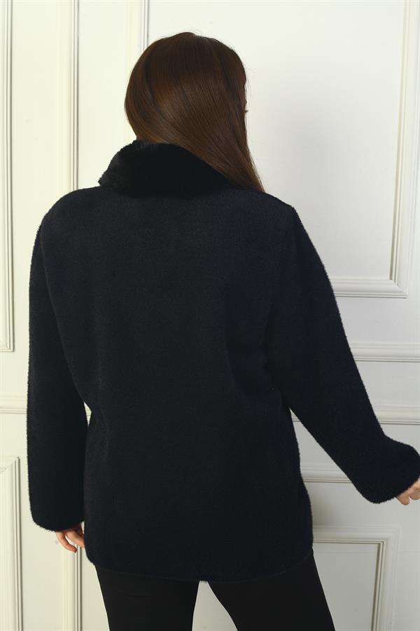 Kadın Seyyar Kürklü Yaka Önü Fermuarlı Yandan Cepli Büyük Beden Akrilik Ceket