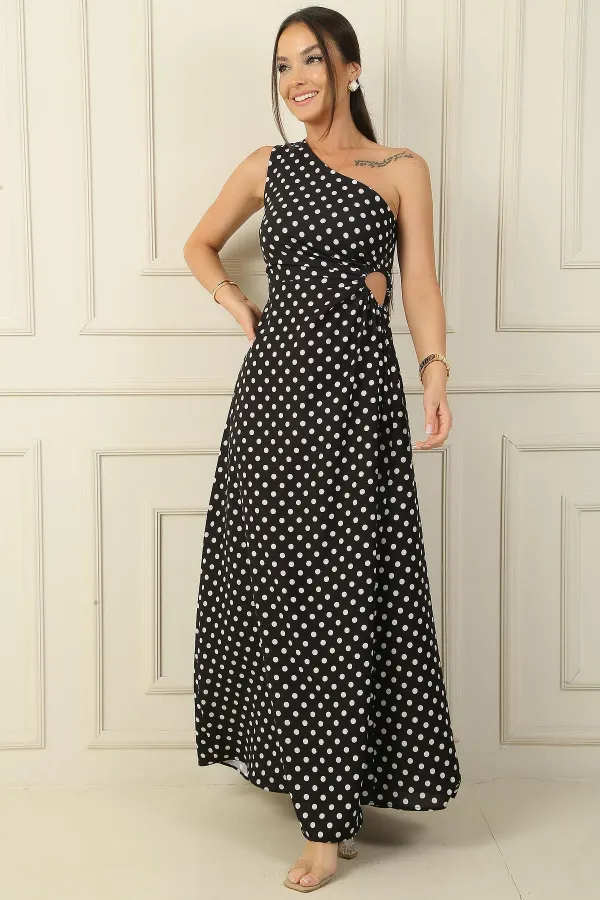 Women's One-Shoulder Polka Dot Long Crepe Satin Dress with Side Cutouts