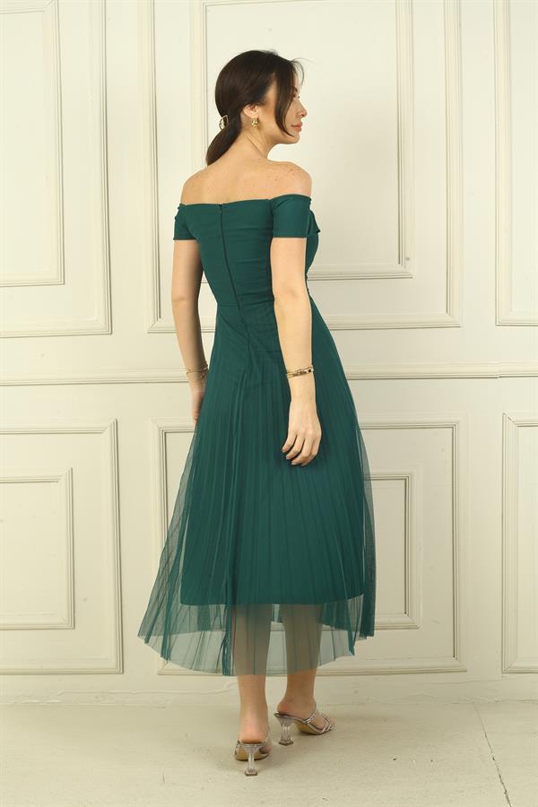 Madonna Yaka Astarlı Eteği Şifon Pilisoley Elbise