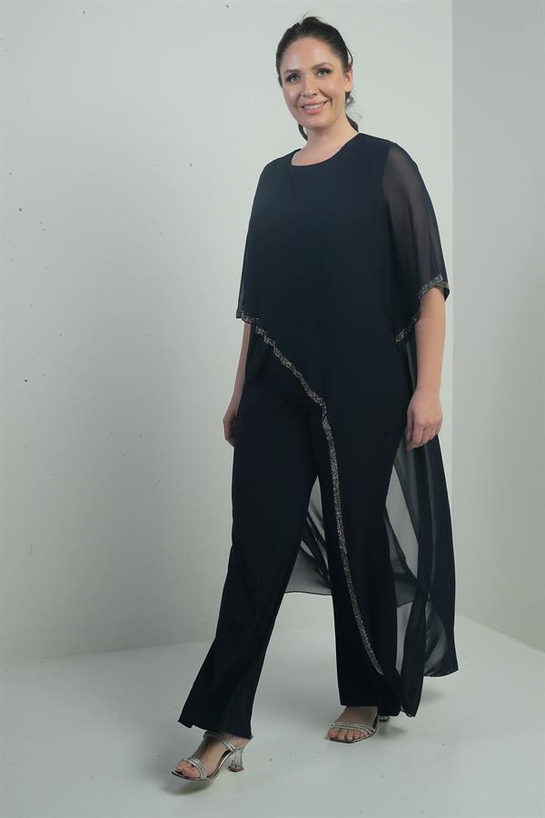 Kadın Üstü Şifon Taş Detaylı İspanyol Kollu Bol Paça Büyük Beden Likralı Tulum