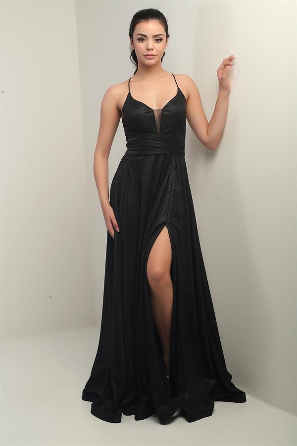 İp Askılı Astarlı Simli Uzun Abiye Elbise