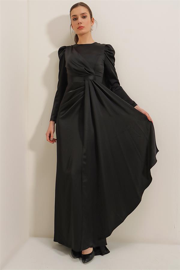 Long-sleeved satin dress with pleat detail at the front and lining.