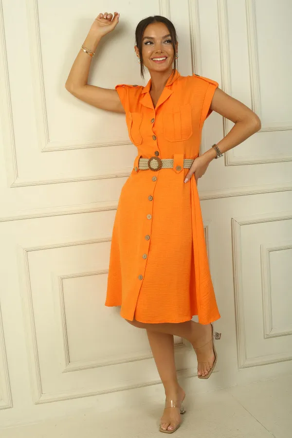 Robe effet lin à col, épaules dénudées, double poche et ceinture pour femme