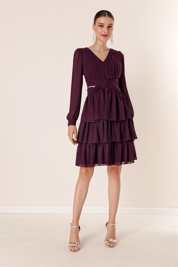 Şifon Gloplu Bel Ve Sırt Dekolteli Kat Kat Elbise