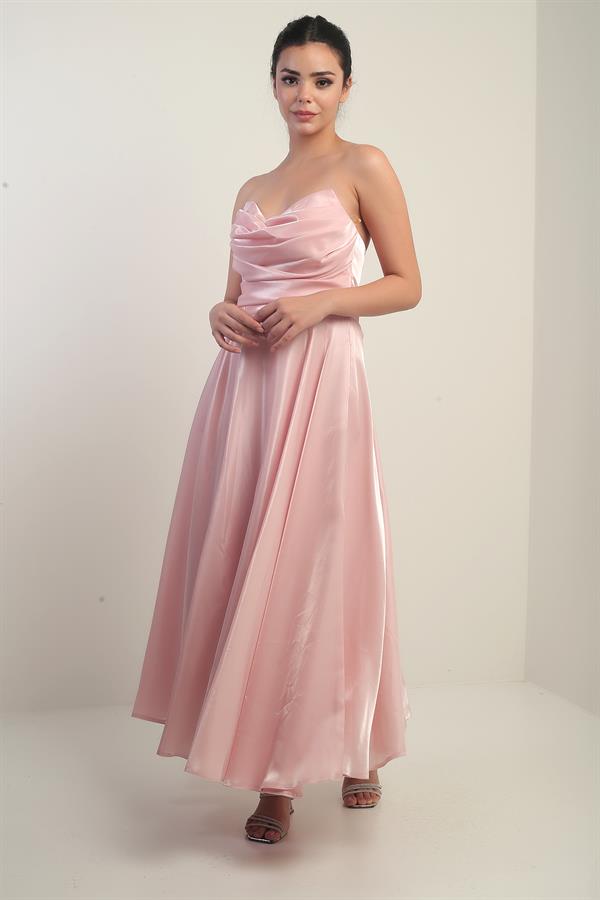 Women's V-Neck Strapless Lined Organza Satin Midi Dress