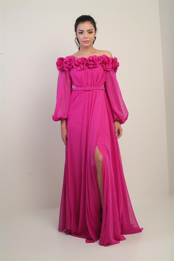 Kadın Çiçekli Madonna Yaka Kemerli Astarlı Şifon Uzun Elbise