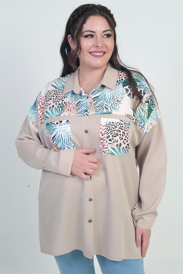 Chemise à manches tombantes et double poche à motifs pour femme, grandes tailles