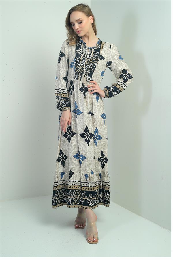 Robe longue hijab pour femme avec motif ethnique et décolleté