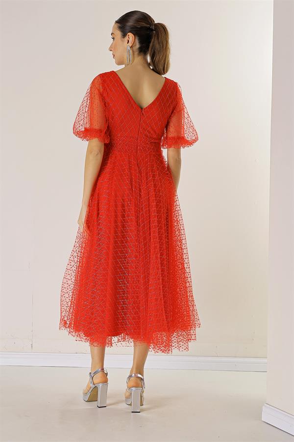 Front and Back V-Neck Short Balloon Sleeved Square Polka Dot Glitter Dahlia Fabric Lined Dress