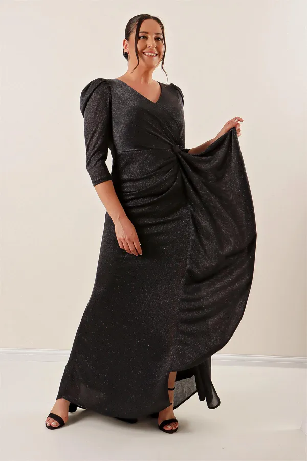 Truvakar Kol Önü Volanlı Astarlı Simli Büyük Beden Uzun Elbise