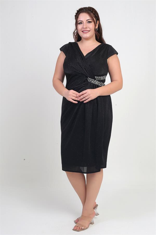 Women's Wrap Neckline Double Stone Detail Lined Half-Moon Sleeved Lycra Plus Size Glitter Dress