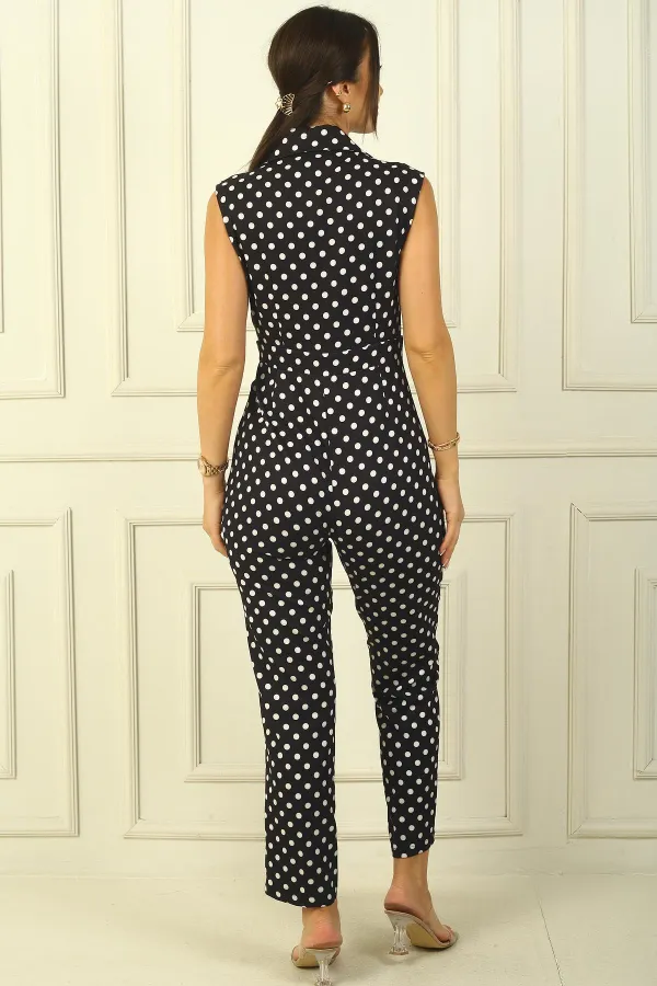 Wrap-Neck Belt Detail Polka Dot Crepe Satin Double Jumpsuit