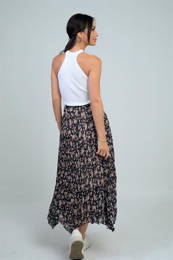 Kadın Beli Lastikli Astarlı Mini Çiçekli Midi Kraşlı Üçgen  Etek