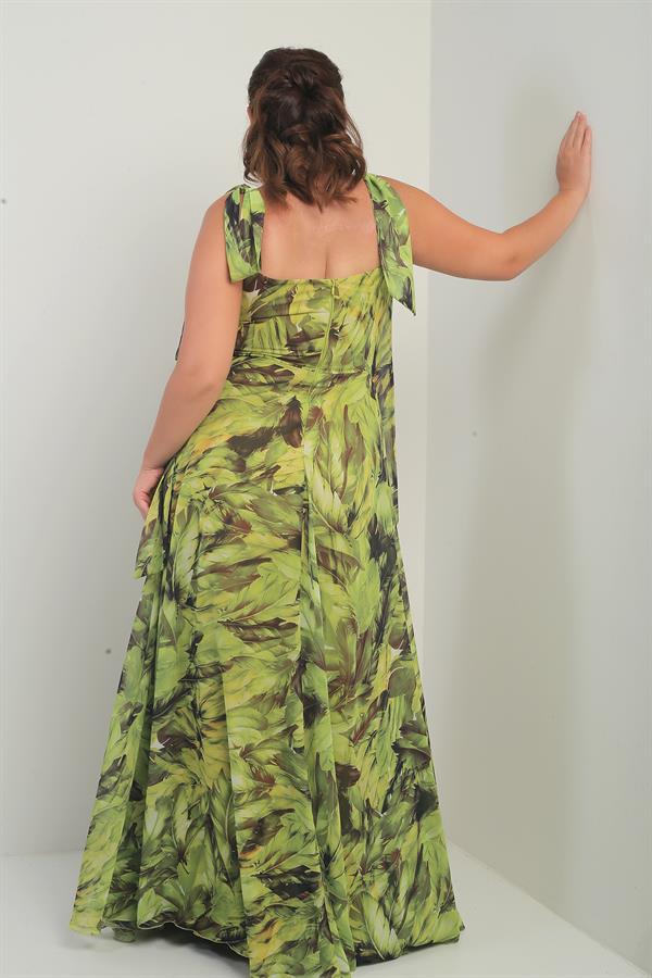 Robe longue en crêpe mousseline à motif de feuilles, grande taille, col en V, épaules dénudées, bretelles nouées, doublée