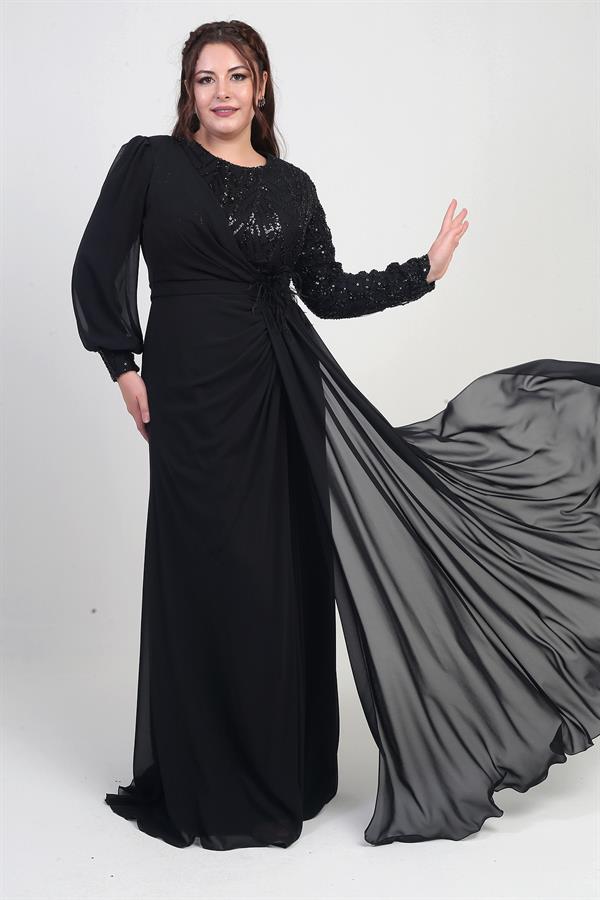 Women's Plus Size Long Chiffon Dress with Sequin and Bead Embellishment, Lined, and Floral Waistline