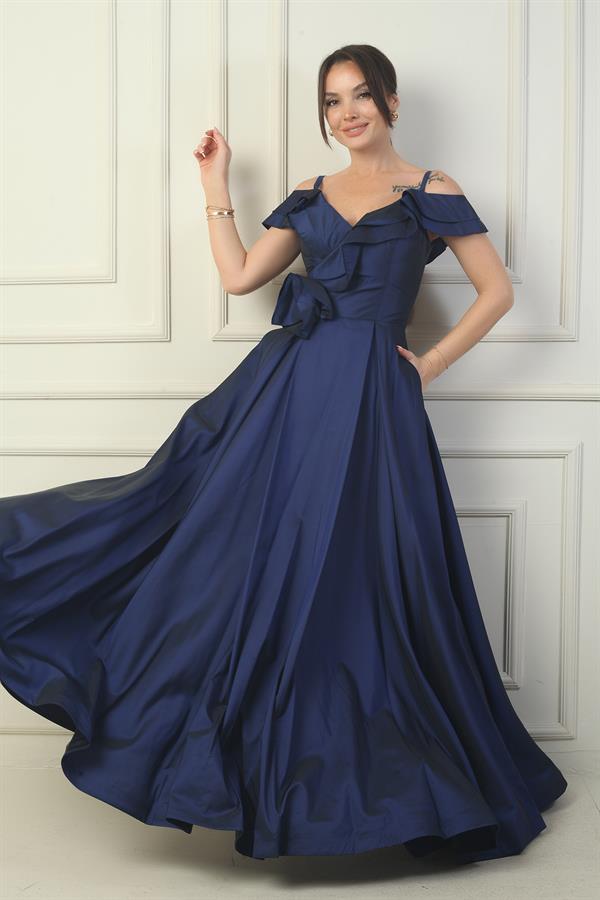 Women's Strappy Boat Neck Long Taffeta Evening Dress with Rose Detail, Lined, and Pockets