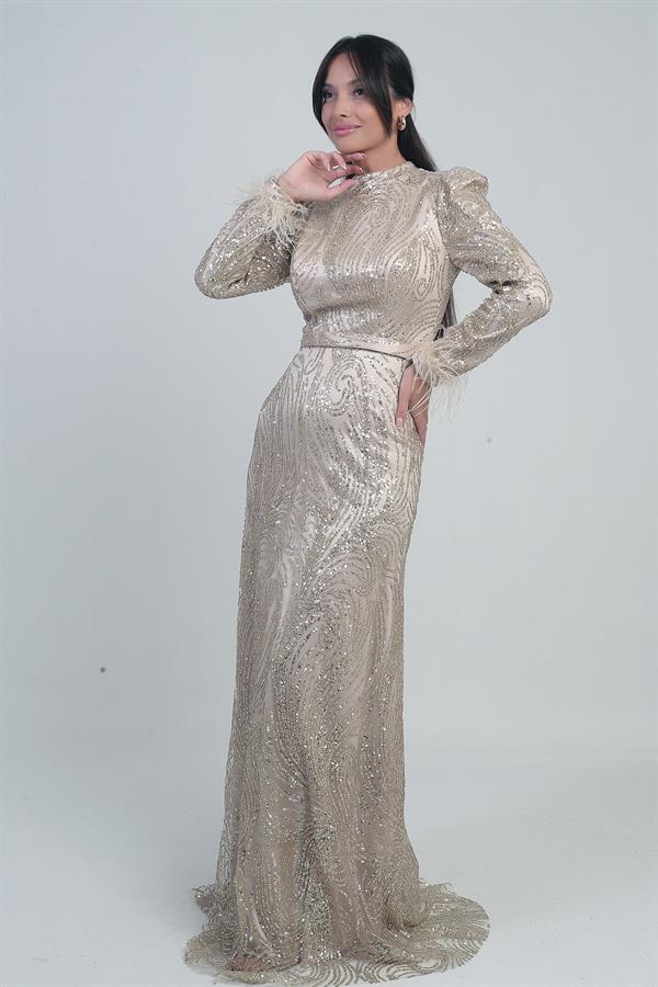 Kadın Kolu Tüylü Boncuk Ve Pullu Astarlı Tül Uzun Elbise