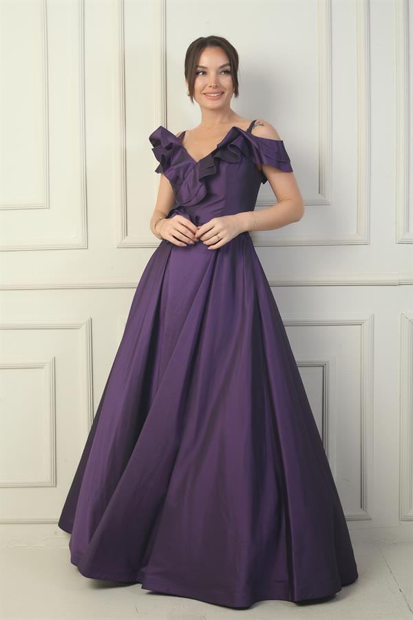 Women's Strappy Boat Neck Long Taffeta Evening Dress with Rose Detail, Lined, and Pockets