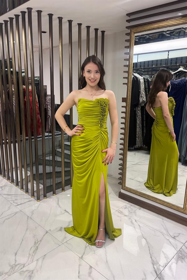 Women's Strapless 3D Floral Draped Lined Lycra Long Dress