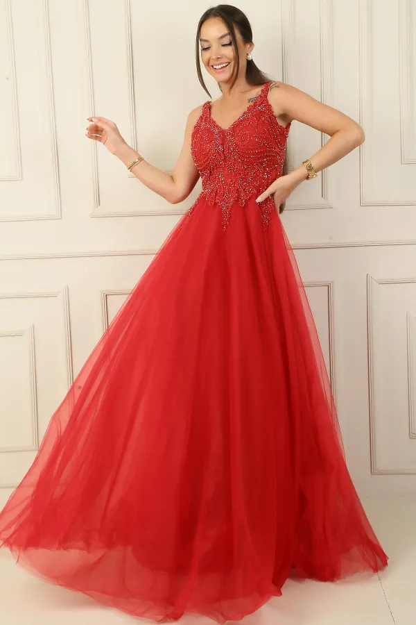 Front and Back V-Neck Beaded Lined Long Tulle Evening Dress