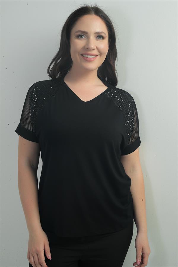 Women's V-Neck, Mesh Shoulder, Sequined, Plus Size Lycra Blouse