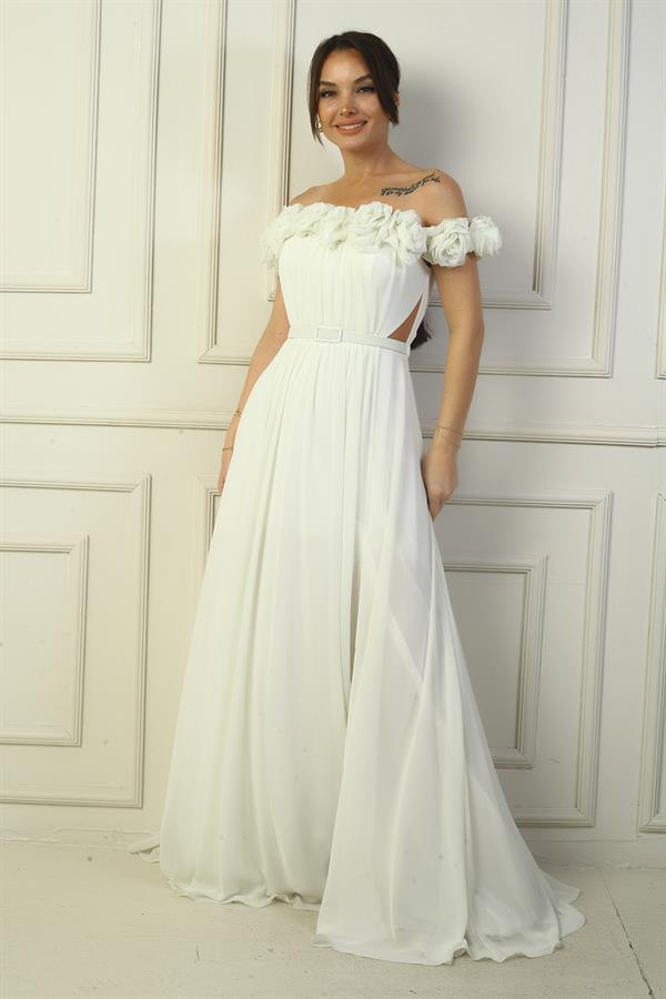 Robe longue en mousseline pour femme, ornée d'un décolleté floral découpé au laser, doublée et ceinturée à la taille.