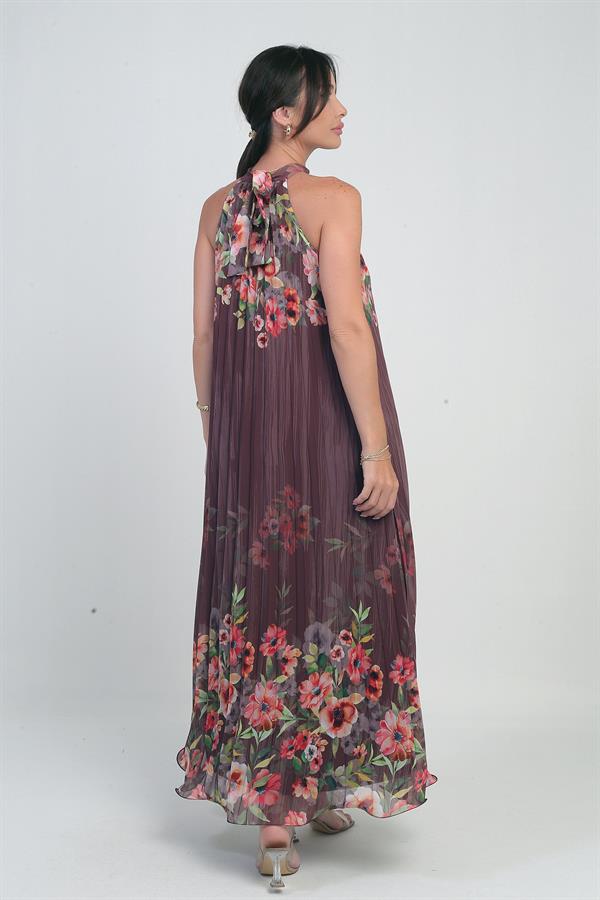 Kadın Çiçek Desenli Astarlı Plisoley Şifon Uzun Elbise