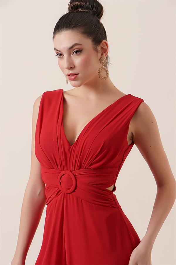 Waist-detailed, front and back V-neck, lined chiffon jumpsuit.