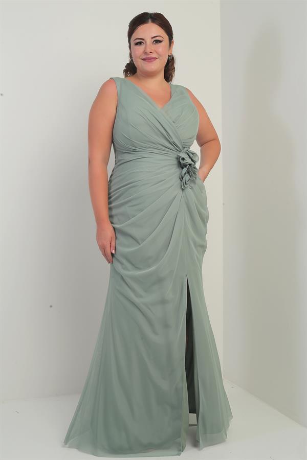 Women's Front and Back V-Neck Lined Front Dappled 3D Floral Plus Size Tulle Long Dress