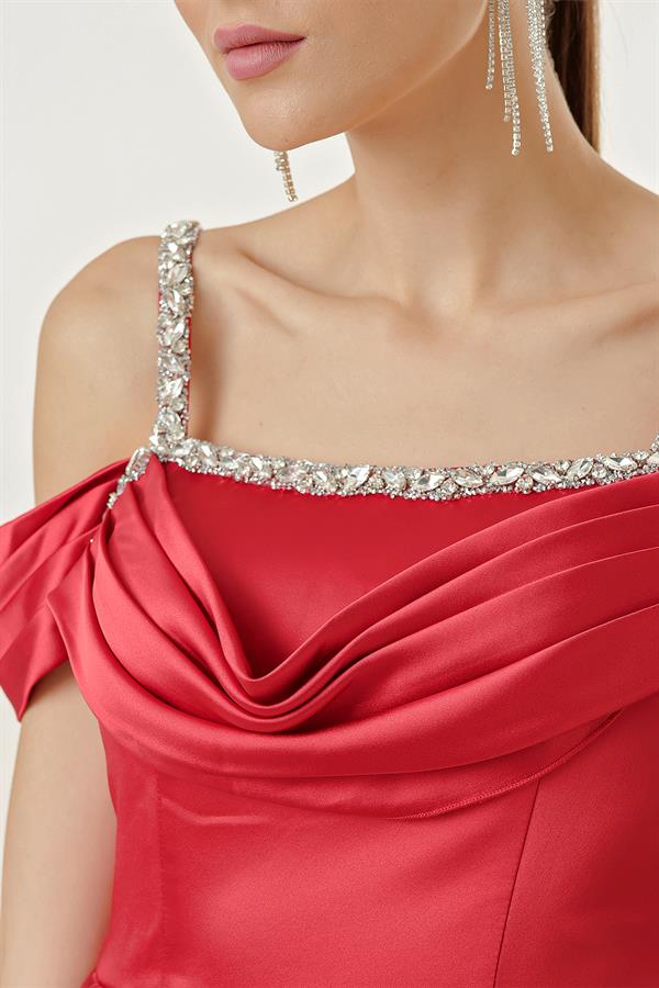 Stone Detailed Thin Strap Low Sleeve Lined Long Satin Dress