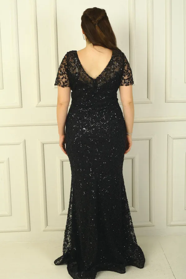 Ön Arka V Yaka Astarlı Boncuk-Pul İşlemeli Büyük Beden Abiye Elbise