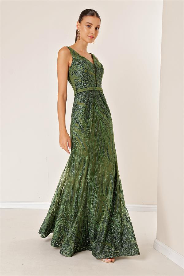 Thick Strapped Ghost Tulle Lined Glittery Long Dress