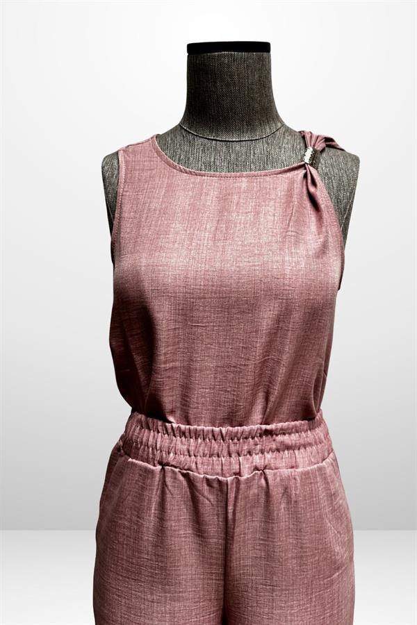 Kadın  Toka Detaylı Eteği Asimetrik Bluz Beli Lastikli Cepli Palazzo Pantolon Keten 2'li Takım