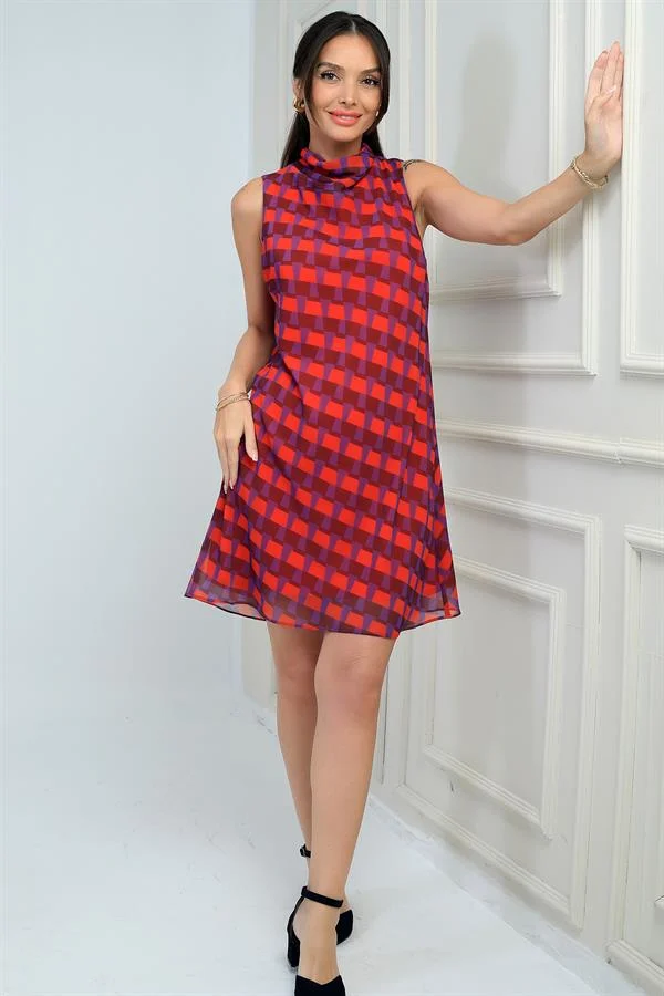 Robe courte en mousseline doublée à motifs et col en V pour femme