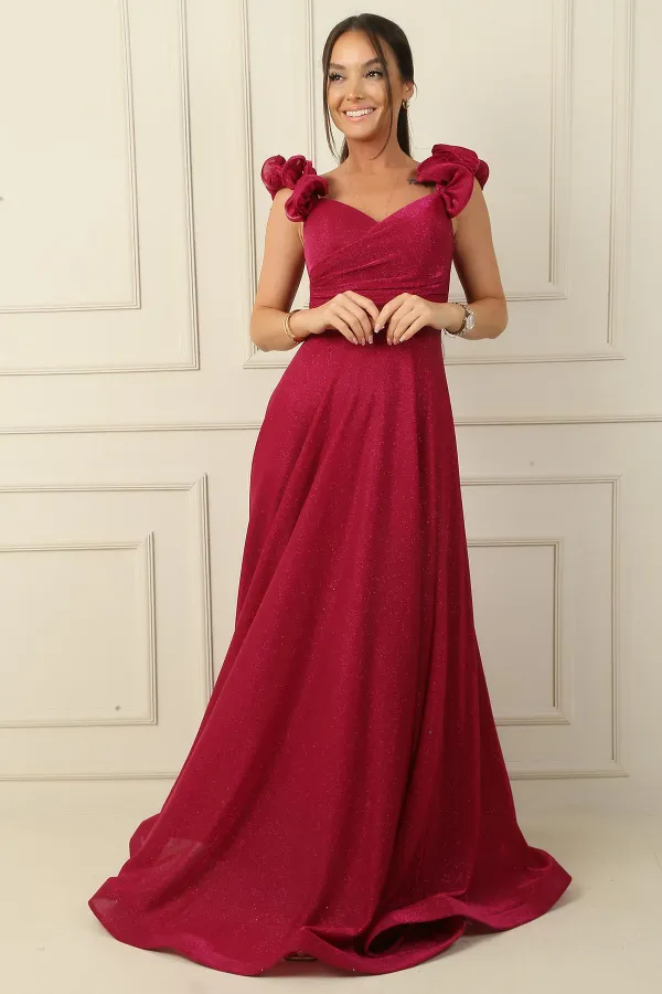 Düşük Volan Kol Drapeli Astarlı Simli Uzun Elbise