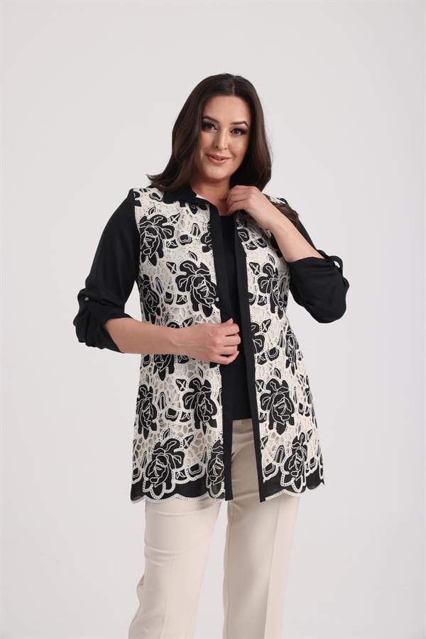 Ensemble 2 pièces pour femme : chemisier sans manches en lycra et veste en dentelle à manches repliées, grandes tailles.