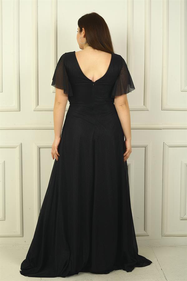 Kadın Ön Arka V Yaka Beli Taş İşlemeli Astarlı Simli Büyük Beden Abiye Elbise