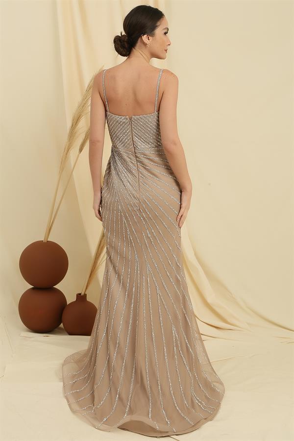 İp Askılı Önü Yırtmaçlı Astarlı Taş İşlemeli Balık Elbise