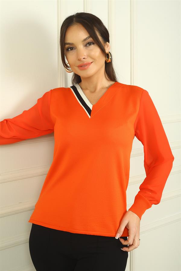 Kadın V Yaka Yarısı Şeritli Kolları Şifon Kazak