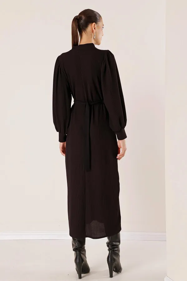 Beli Kemerli Omuz Büzgülü Elbise