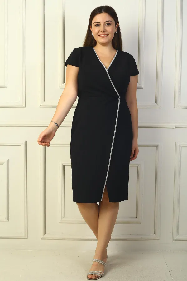 Women's Wrap Neck Half-Moon Sleeve Embellished Front Slit BB Dress