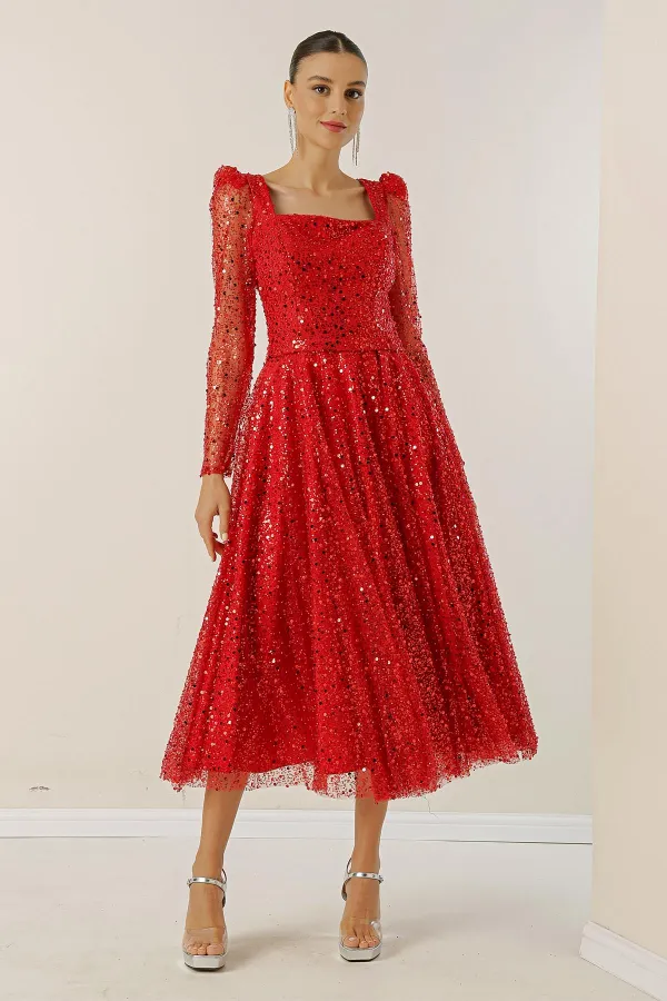 Square Neck Long Sleeve Lined Sequin Beaded Dress
