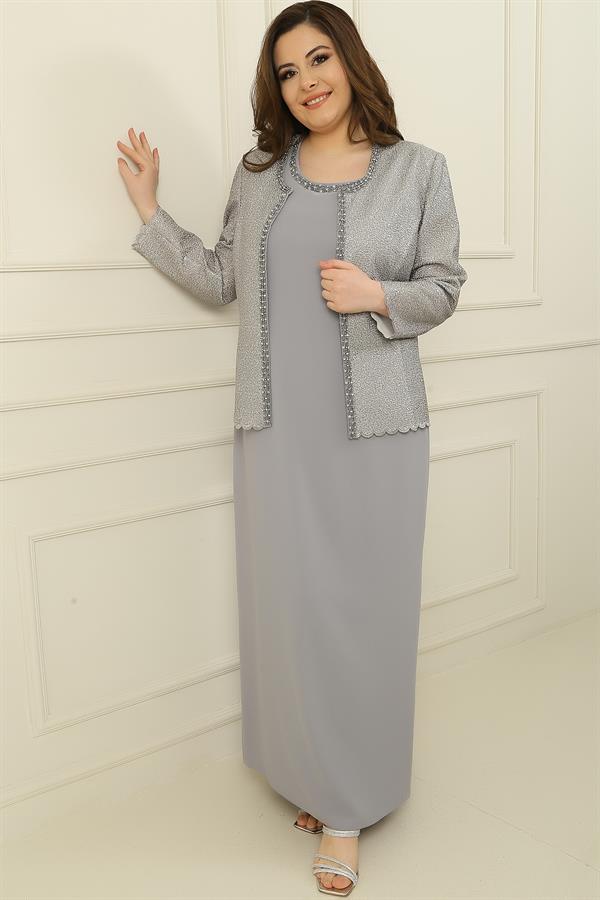 Robe longue en crêpe avec col et doublure ornés, veste à sequins, ensemble 2 pièces grande taille