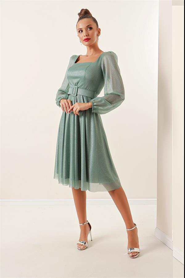 Square Neck, Belted, Balloon Sleeve, Lined, Glittery Dress