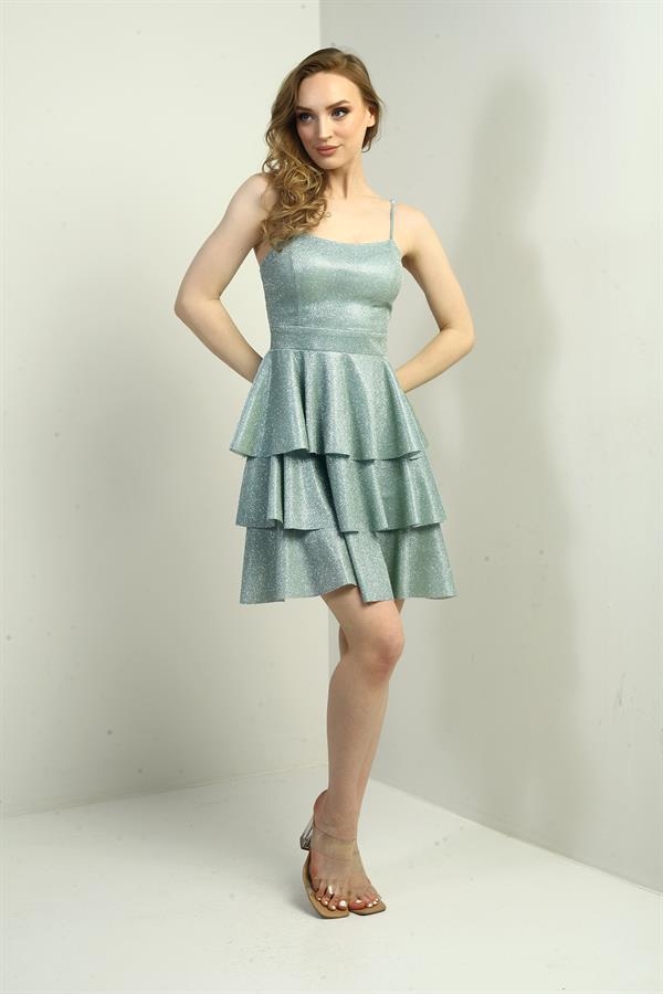 Kadın İp Askılı Simli Kat Kat Kısa Elbise