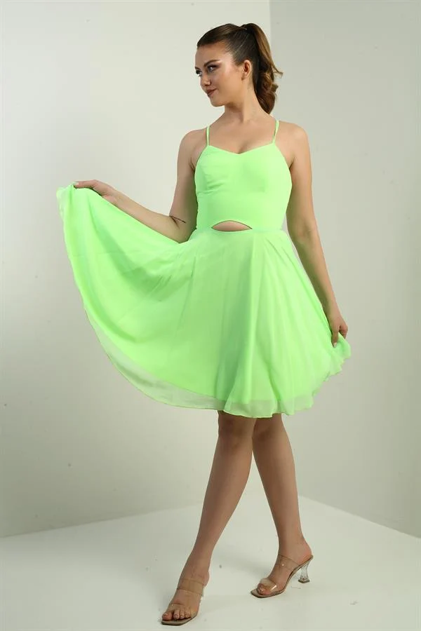 Women's Strappy, Back-Tie, Front-Opening, Lined Chiffon Short Flared Dress