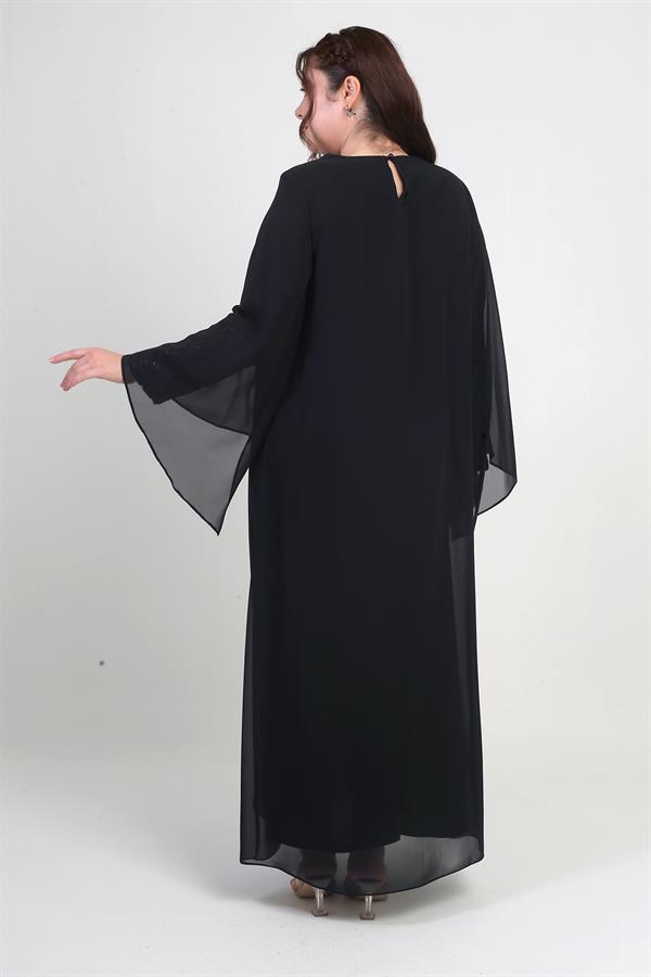 Kadın Üstü Şifon Pelerinli Pul Taş Detaylı Geometrik Desen Likralı B.B. Uzun Elbise