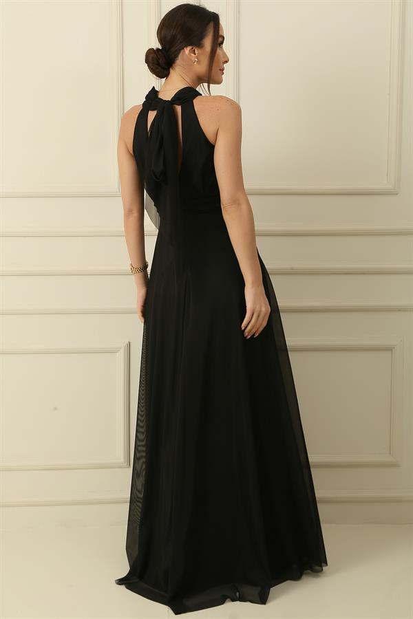 Boyundan Bağlamalı Astarlı Uzun Tül Elbise